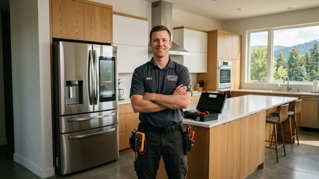 Las Vegas Refrigerator Repair technician diagnosing a kitchen refrigerator